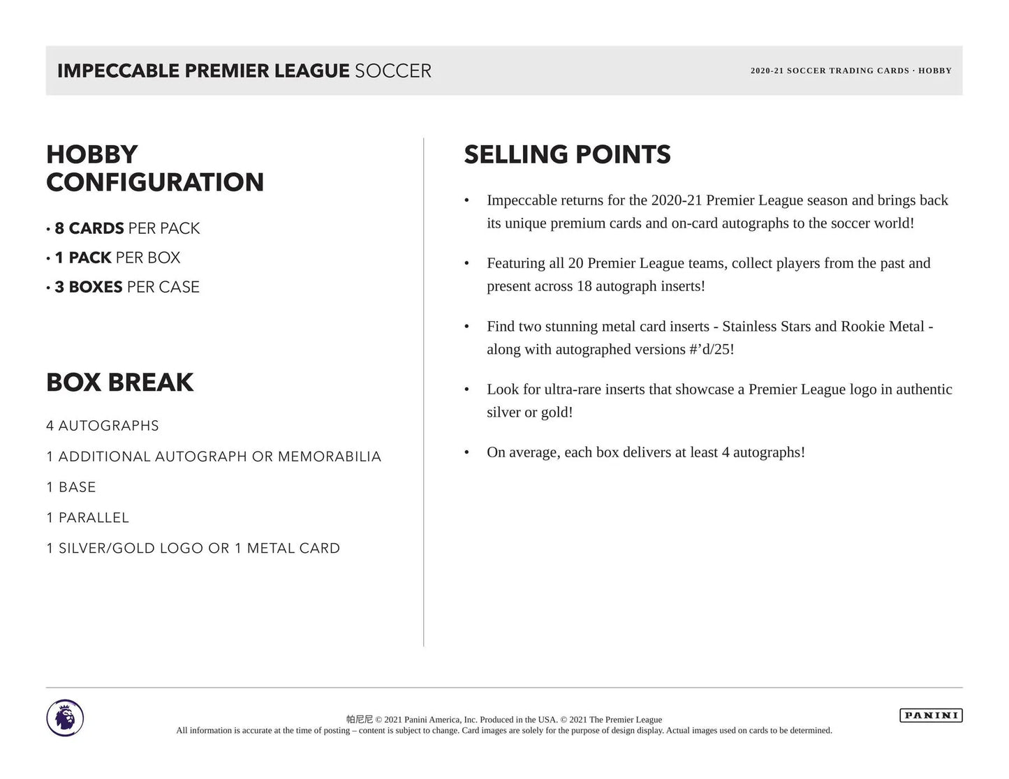 2020/21 Panini Impeccable Premier League EPL Soccer Hobby Box