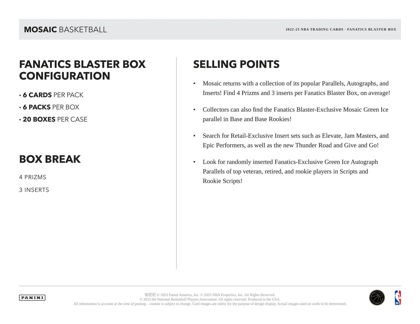2022/23 Panini Mosaic Basketball 6-Pack Hobby Blaster 20-Box Case (Green Ice Prizm!)